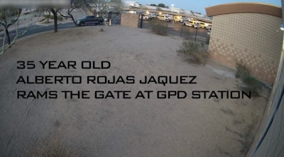 The Glendale, Arizona, Police Department says this image shows a suspect's truck ramming into a police station gate.