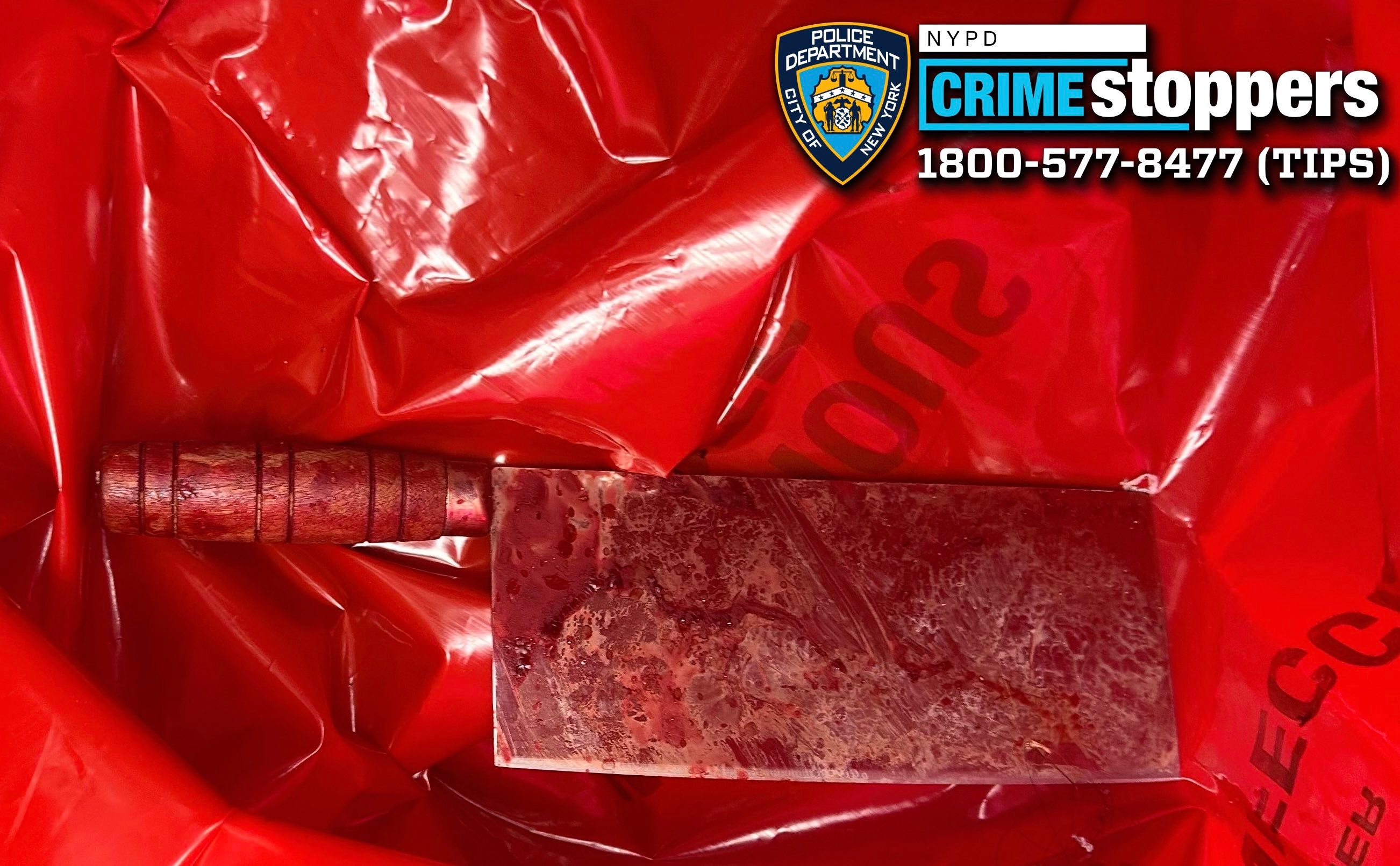 Official NYPD photo of meat cleaver used to slash four girls, police say. The suspect was shot and wounded by officers, ending the attack.