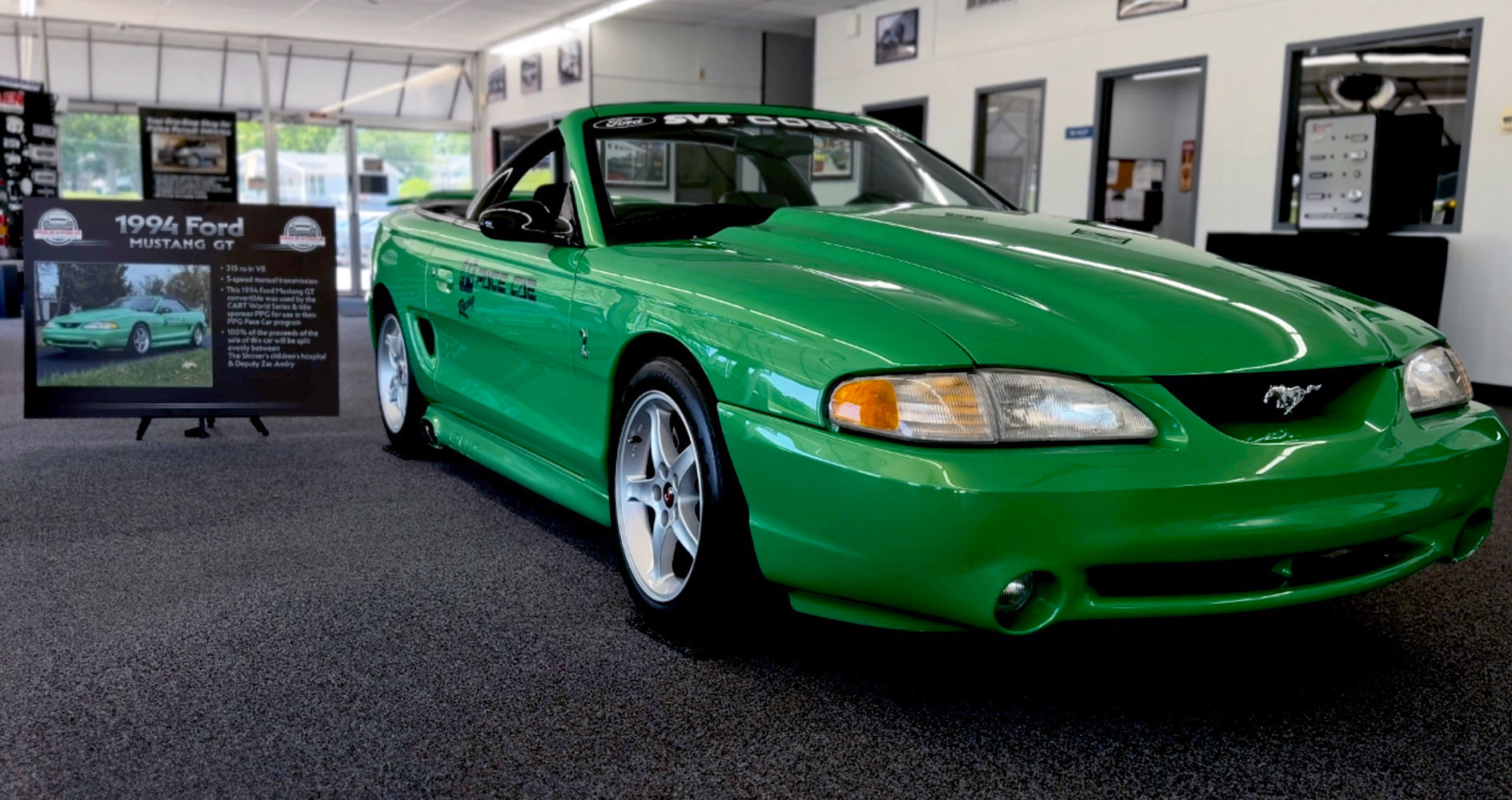 This 1994 Ford Mustang was donated by a community member and purchased by John Jones Police Pursuit Vehicles at a charity auction. The money was split between a deputy recovering from critical wounds and a children's hospital.