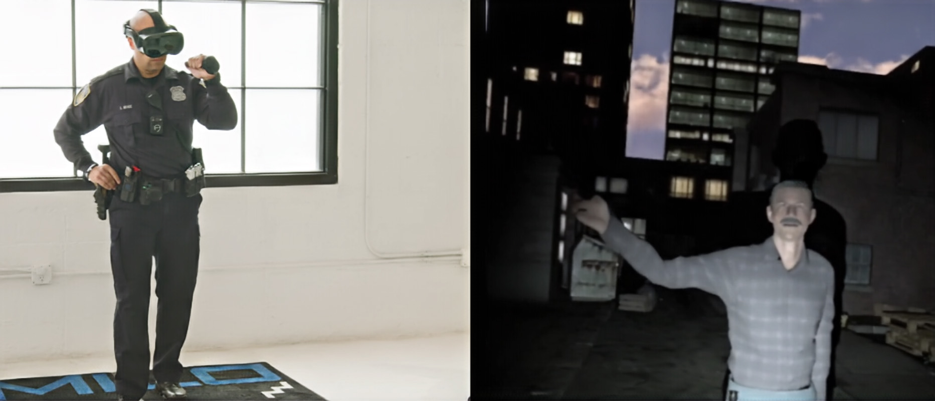 Officer working a scenario in MILO VR and the computer-generated character he is interacting with. The AR option for MILO VR makes such scenarios more realistic.