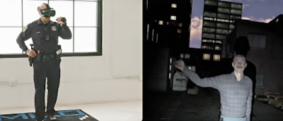 Officer working a scenario in MILO VR and the computer-generated character he is interacting with. The AR option for MILO VR makes such scenarios more realistic.