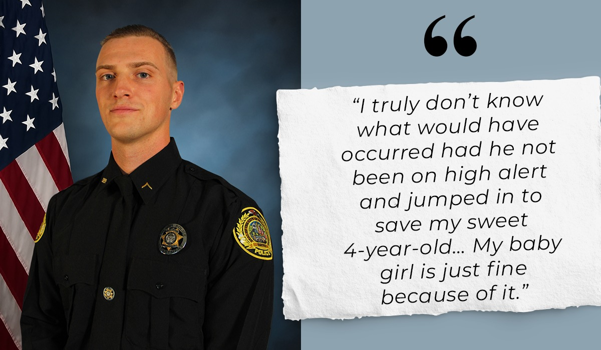 Officer Preston Marsh, of the Duluth Police Department, noticed a 4-year-old struggling in a pool while he was off duty and acted quickly to rescue the child.