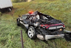 A Nebraska State Patrol vehicle was hit while parked Monday night. The trooper was injured.