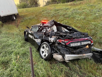A Nebraska State Patrol vehicle was hit while parked Monday night. The trooper was injured.