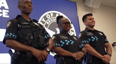 Atlanta Police officers model the new uniforms the agency is adopting in advance of hosting nine 2026 FIFA World Cup games.