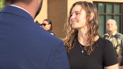 Officer Madison Sweatt of the Monroe Police Department is welcomed back to duty. She was shot multiple times in late May.